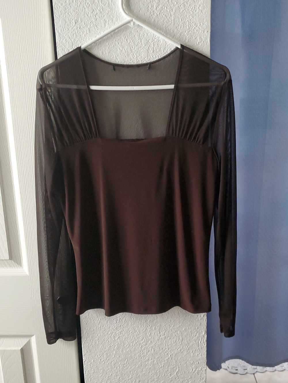Brown Long-Sleeve Scoop Mesh Panel Top